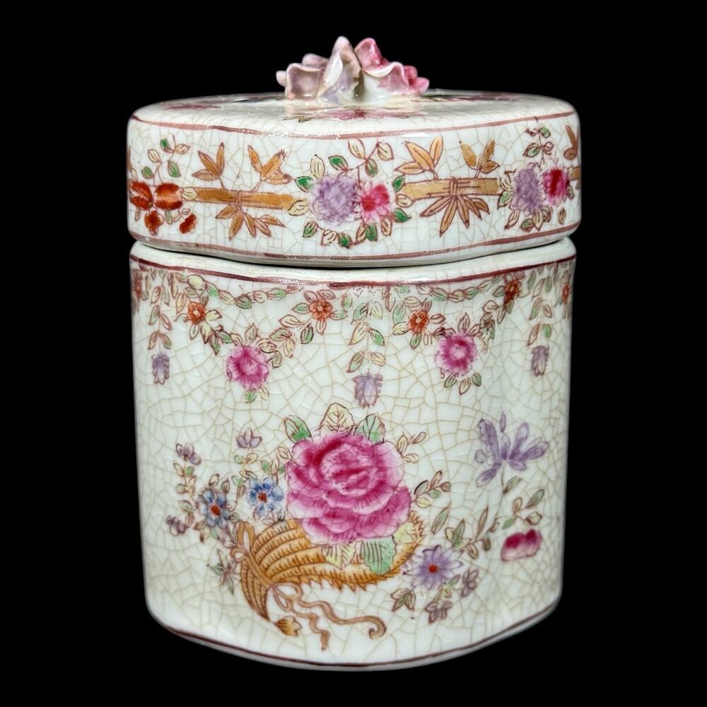 4.5" Vintage United Wilson 1897 Porcelain Hand Painted Floral Lidded Trinket Box